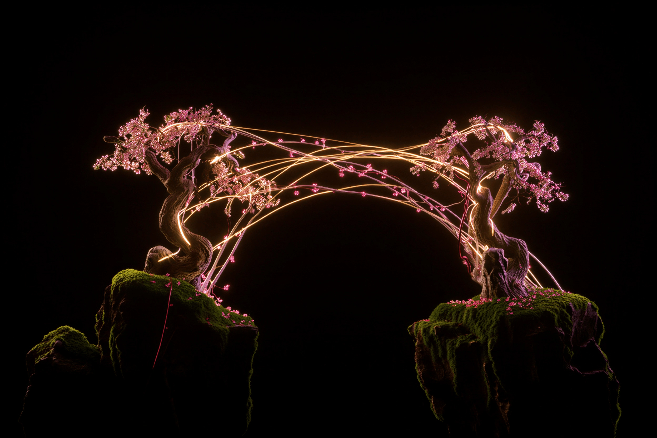Two trees connected by glowing arcs